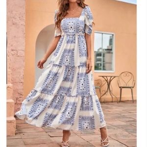 Boho Blue Puff Sleeve Maxi Dress Cottagecore